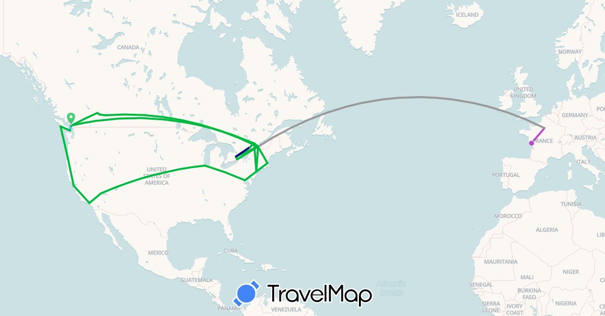 TravelMap itinerary: driving, bus, plane, train, boat in Canada, France, United States (Europe, North America)